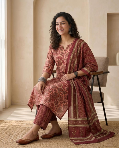 Premium Cotton Unstitched Suit Set with Floral Kurta and Chevron Dupatta