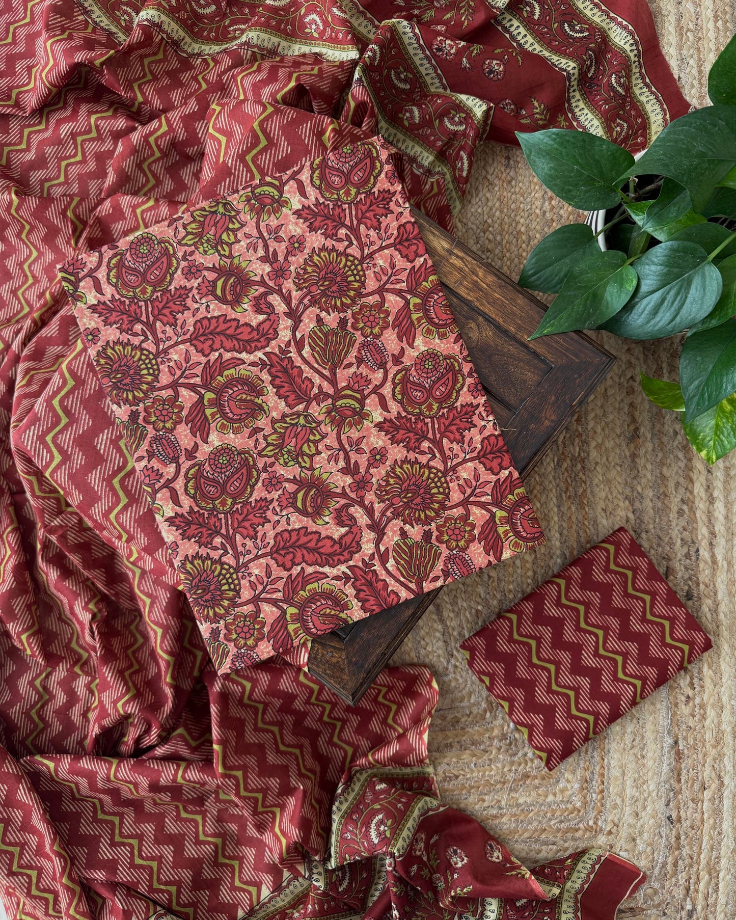 Premium Cotton Unstitched Suit Set with Floral Kurta and Chevron Dupatta