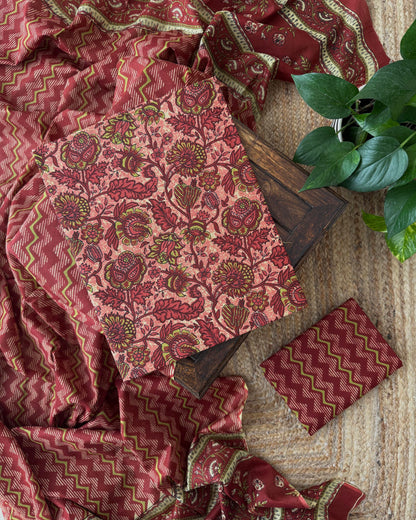 Premium Cotton Unstitched Suit Set with Floral Kurta and Chevron Dupatta