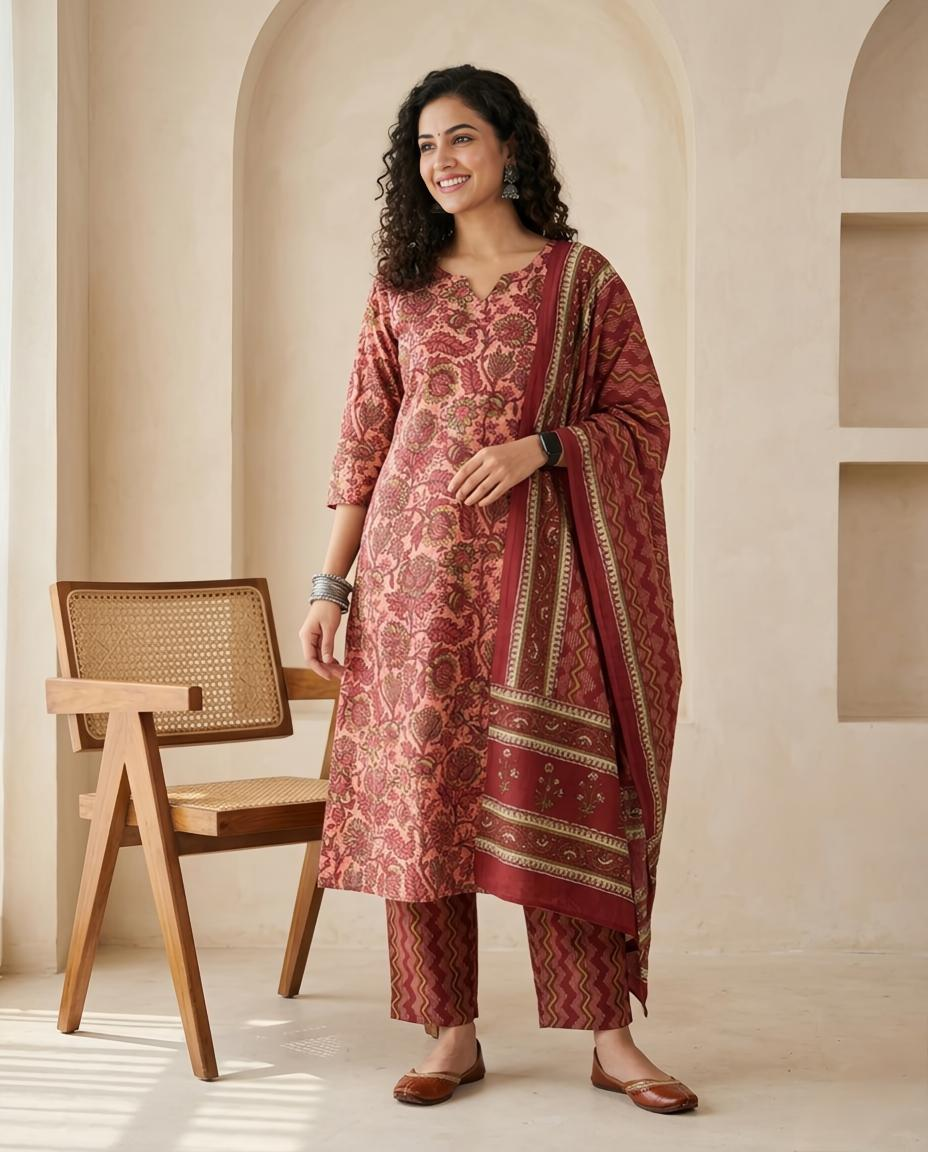 Premium Cotton Unstitched Suit Set with Floral Kurta and Chevron Dupatta