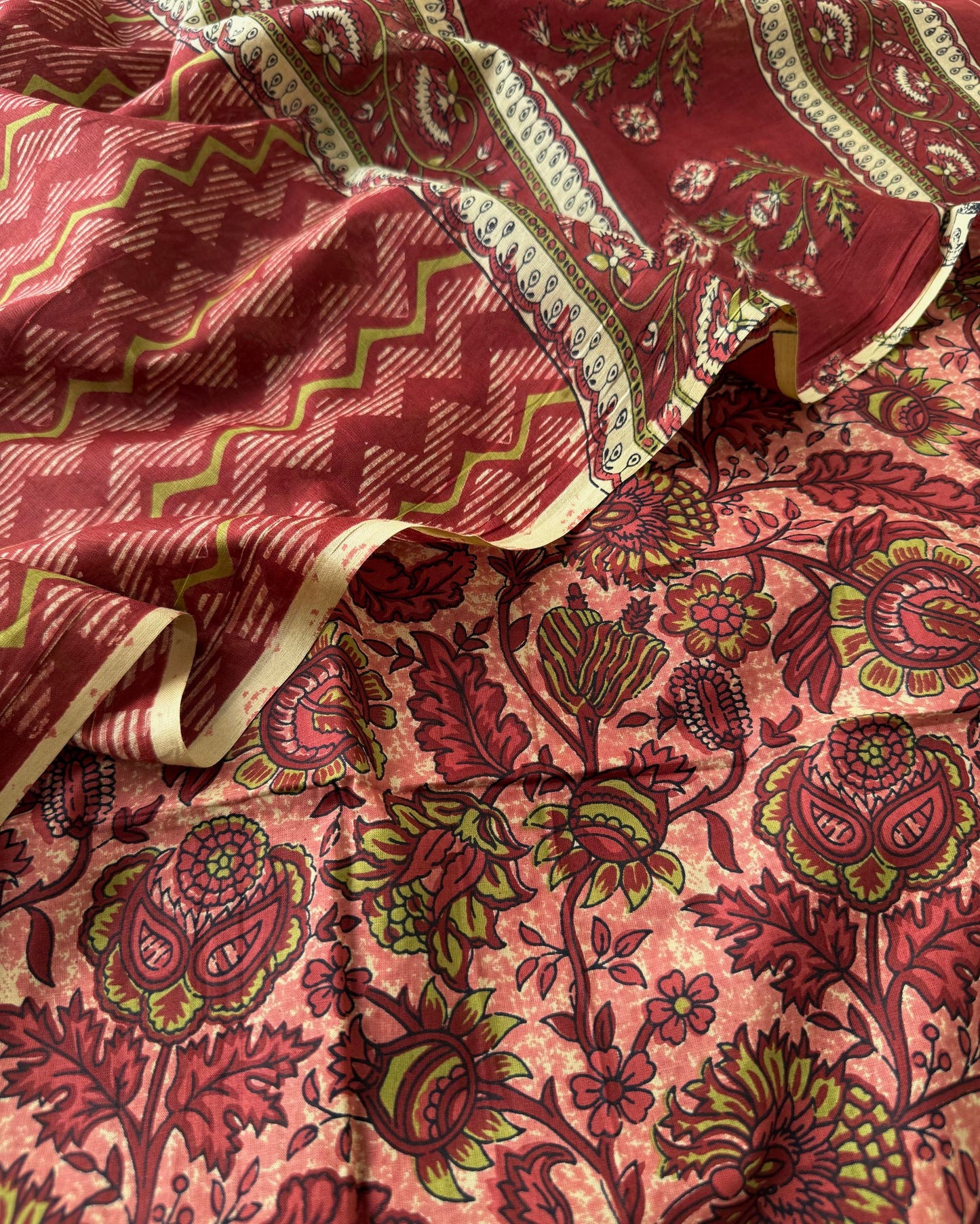 Premium Cotton Unstitched Suit Set with Floral Kurta and Chevron Dupatta