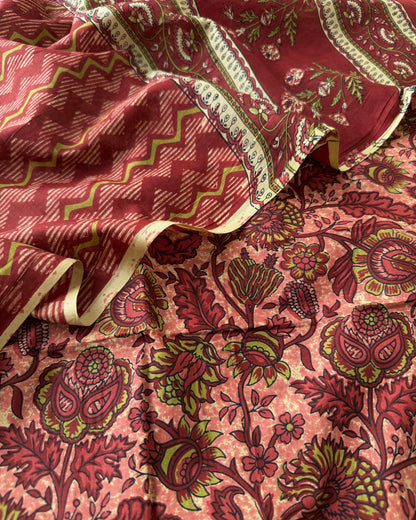 Premium Cotton Unstitched Suit Set with Floral Kurta and Chevron Dupatta