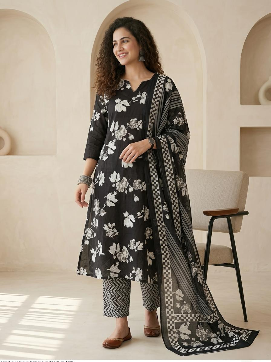 Premium Black and White Cotton Unstitched Suit Set