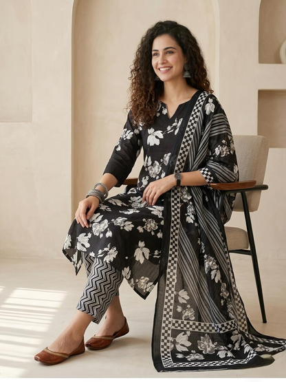 Premium Black and White Cotton Unstitched Suit Set