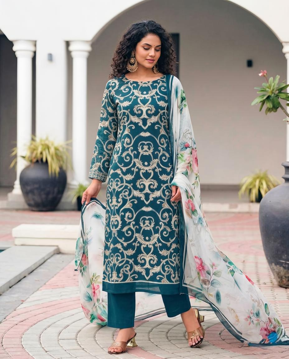Premium Teal Blue Pure Georgette Unstitched Suit Set with Floral Dupatta