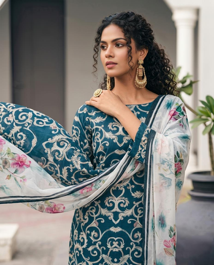 Premium Teal Blue Pure Georgette Unstitched Suit Set with Floral Dupatta