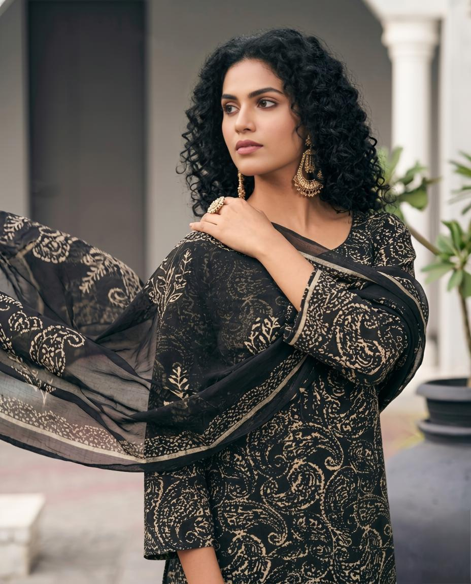 Premium Black Pure Georgette Unstitched Suit Set with Printed Dupatta