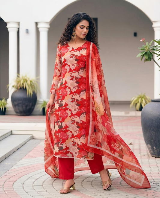 Premium Red Floral Print Pure Georgette Unstitched Suit Set