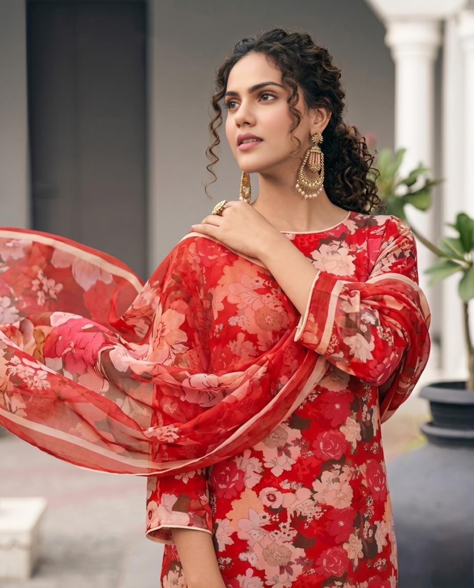 Premium Red Floral Print Pure Georgette Unstitched Suit Set