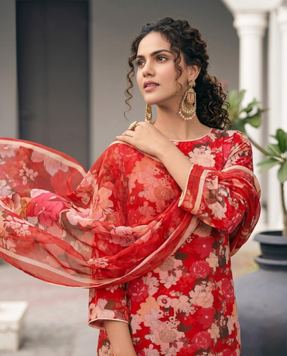 Premium Red Floral Print Pure Georgette Unstitched Suit Set