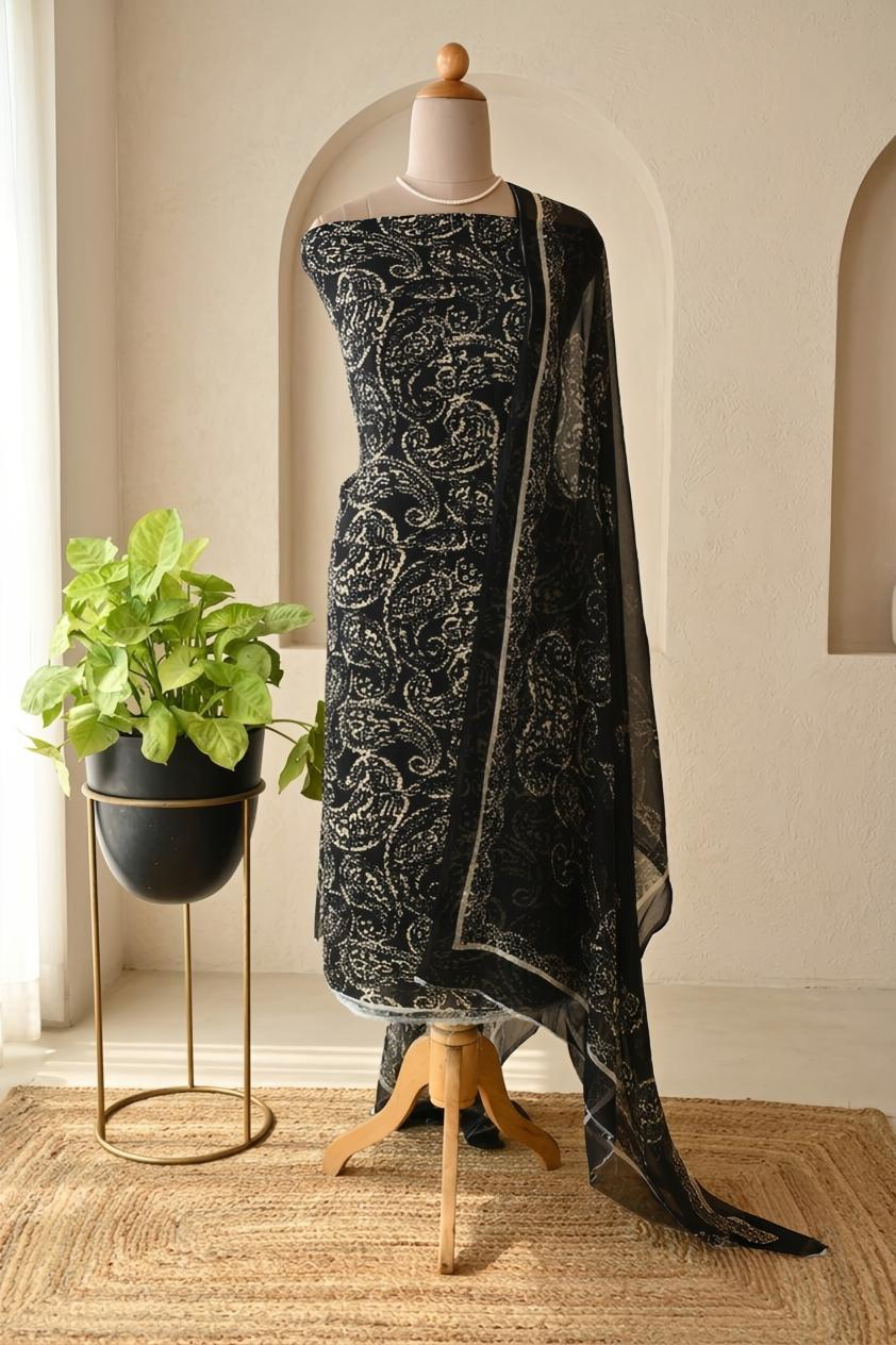 Premium Black Pure Georgette Unstitched Suit Set with Printed Dupatta