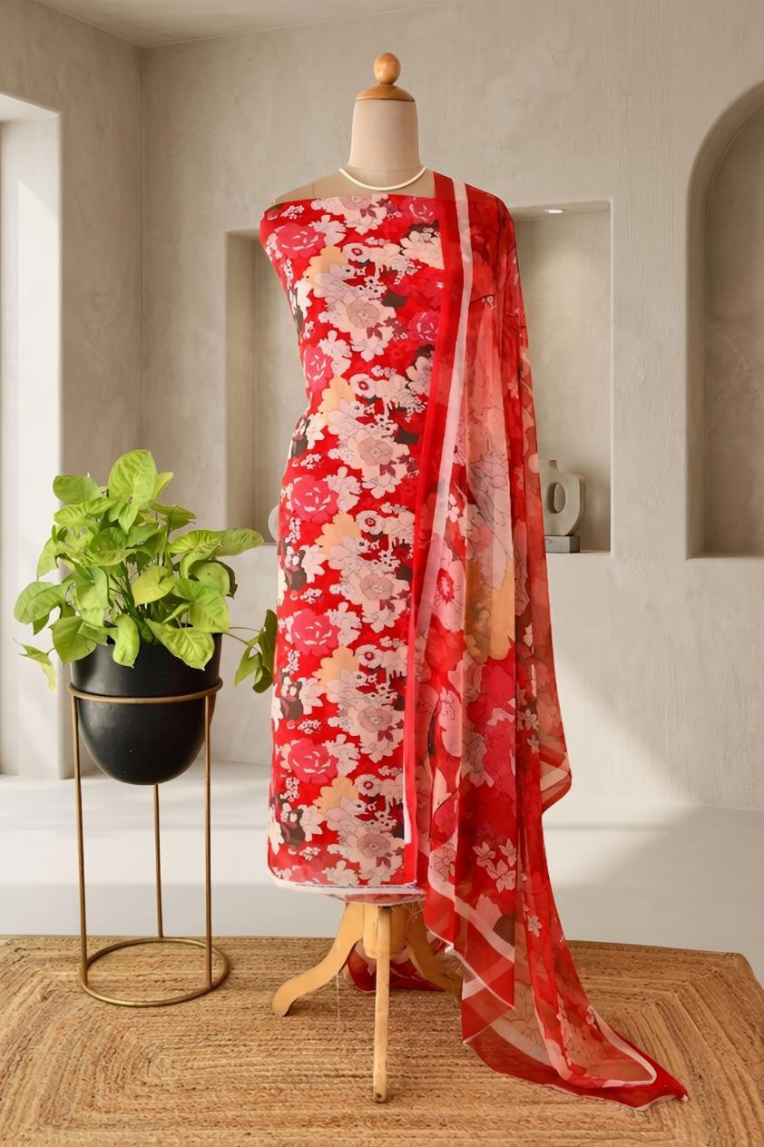 Premium Red Floral Print Pure Georgette Unstitched Suit Set