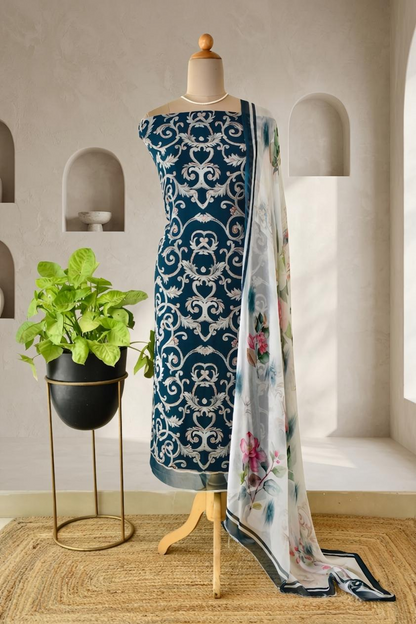 Premium Teal Blue Pure Georgette Unstitched Suit Set with Floral Dupatta