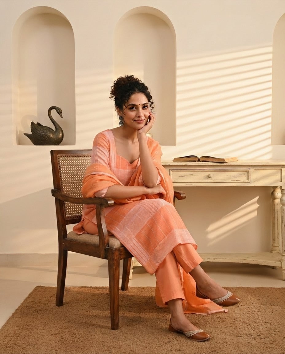Pure Linen Unstitched Suit  Set with Mul Chanderi Dupatta