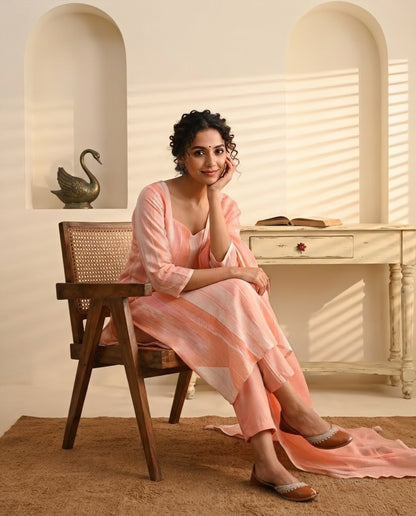 Pure Linen Unstitched Suit  Set with Mul Chanderi Dupatta