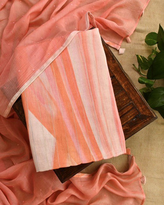 Pure Linen Unstitched Suit  Set with Mul Chanderi Dupatta