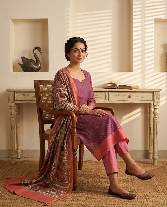 Maheshwari Silk Unstitched Suit Set with Hand Kantha Embroidery & Kalamkari Dupatta