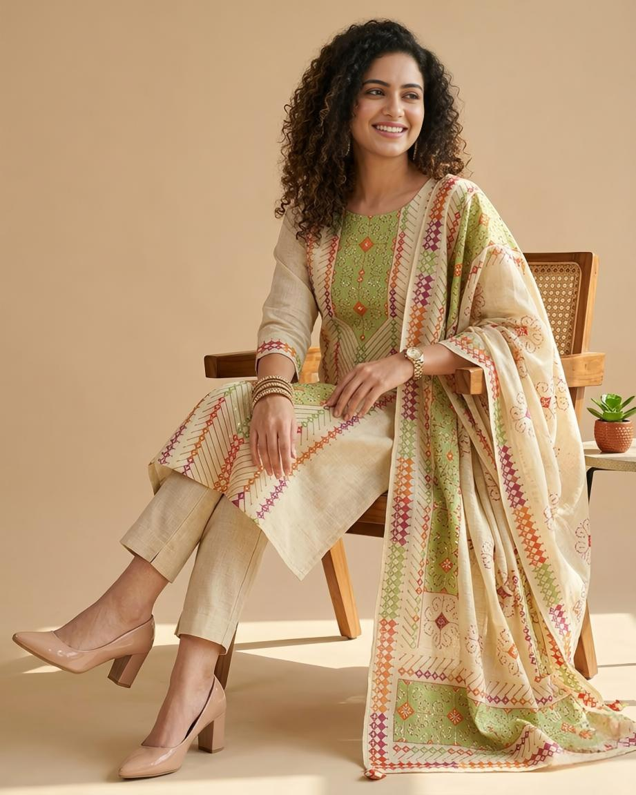 Premium Hand Kantha Embroidered Unstitched Linen Suit Set