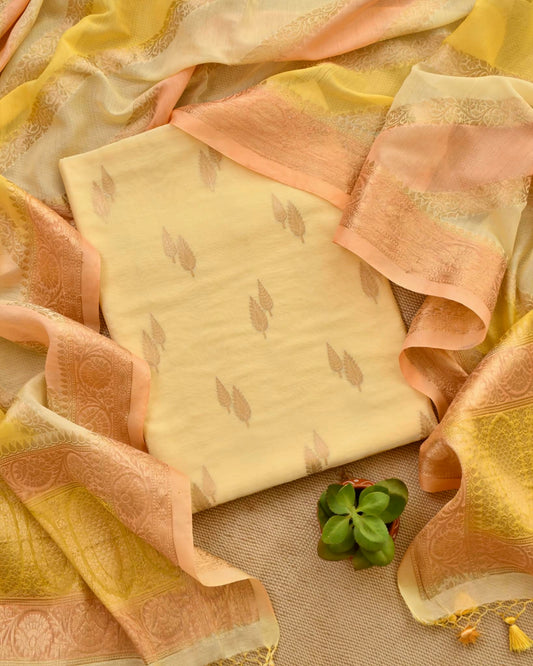 Luxury Banarasi Chanderi Silk Unstitched Suit Set with Zari  Weave