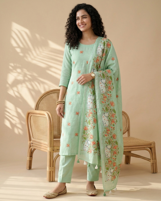 Pure Linen Unstitched Suit Set with Embroidered Pichwai Art