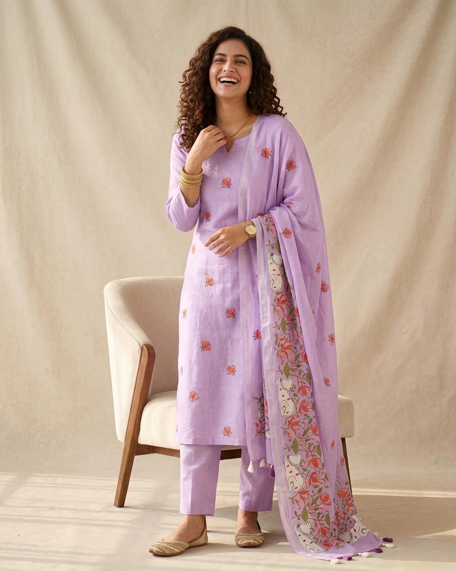 Pure Linen Unstitched Suit Set with Embroidered Pichwai Art