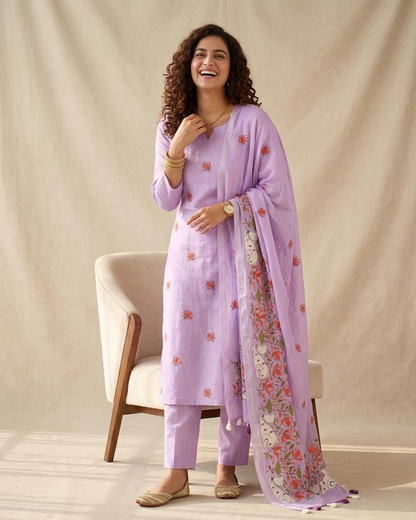 Pure Linen Unstitched Suit Set with Embroidered Pichwai Art