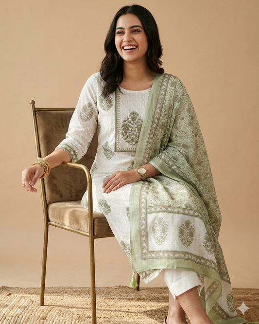 Premium Unstitched Schiffli Embroidered Cotton Suit Set with Sequin Highlights