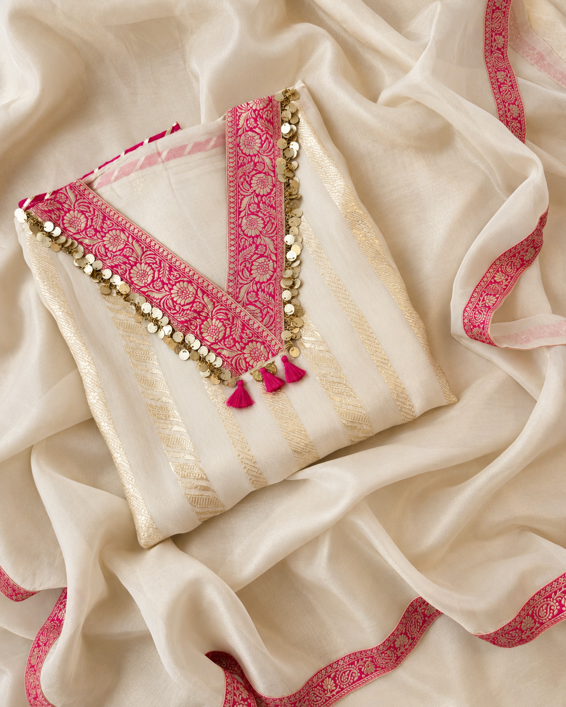Elegant Ivory Kora Organza Unstitched Suit with Zari Work, Gota Patti & Tassels