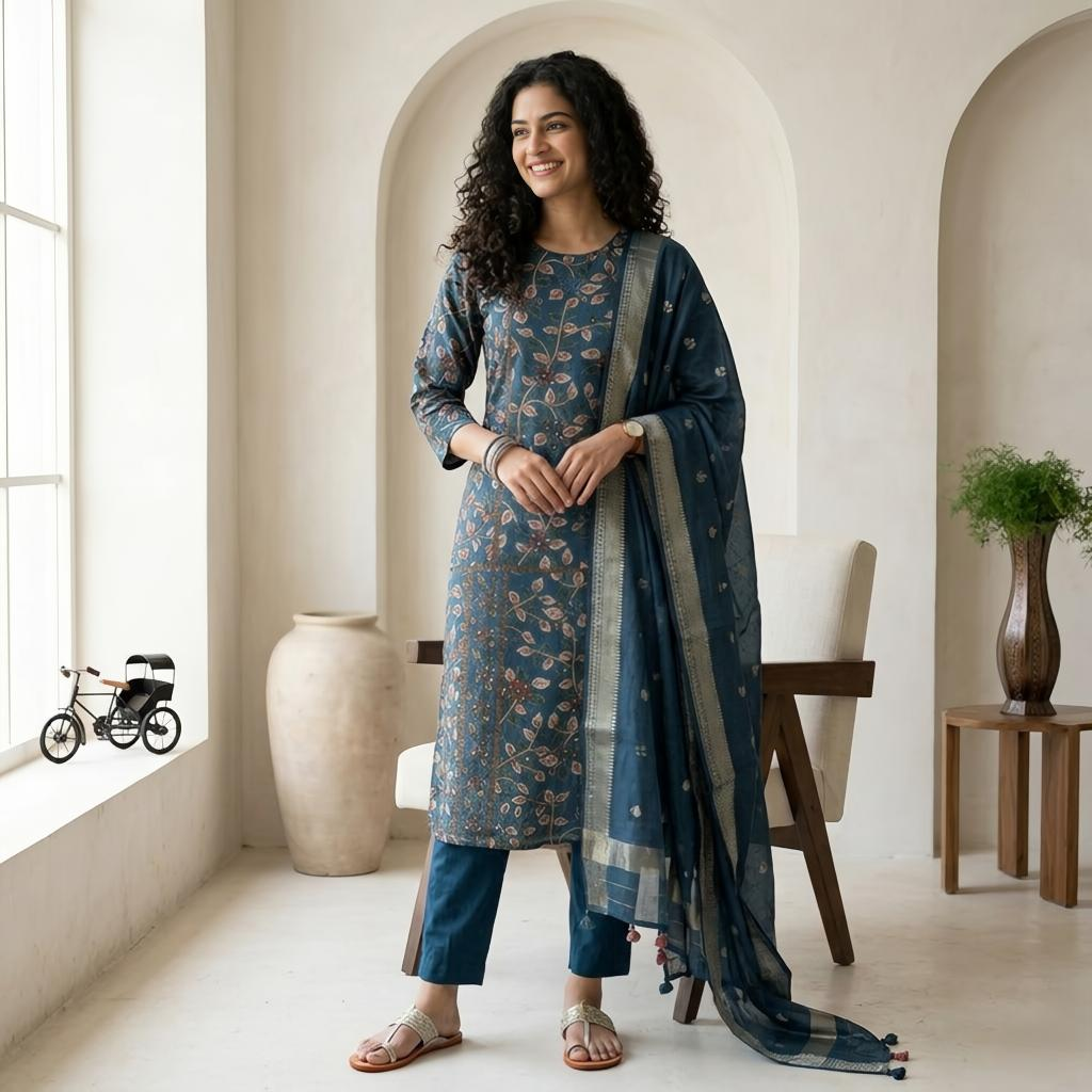 Kalamkari Chanderi Silk Readymade Suit Set