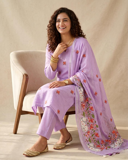 Pure Linen Unstitched Suit Set with Embroidered Pichwai Art