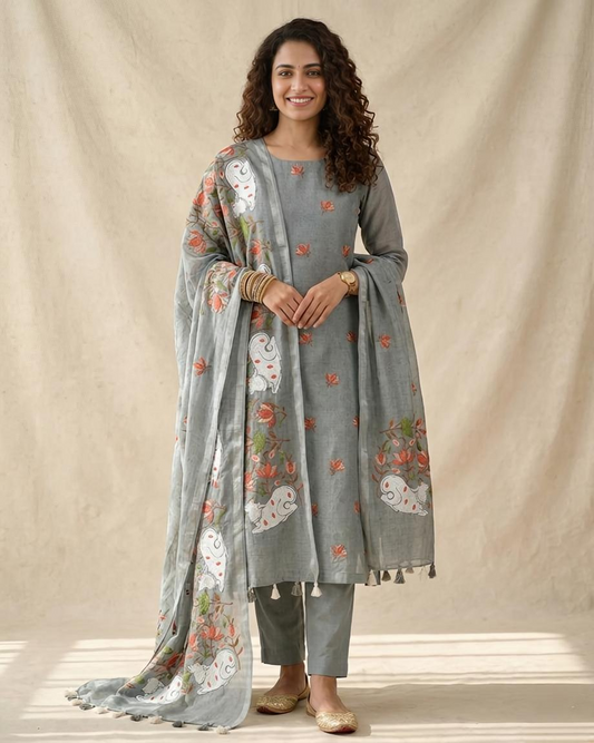 Pure Linen Unstitched Suit Set with Embroidered Pichwai Art