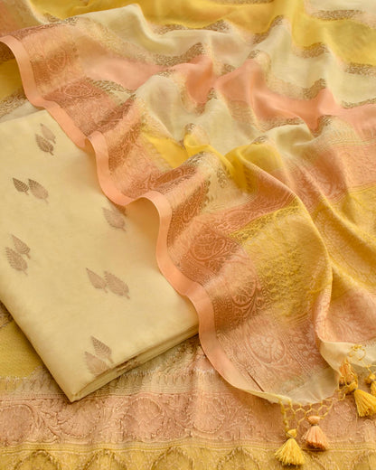 Luxury Banarasi Chanderi Silk Unstitched Suit Set with Zari  Weave