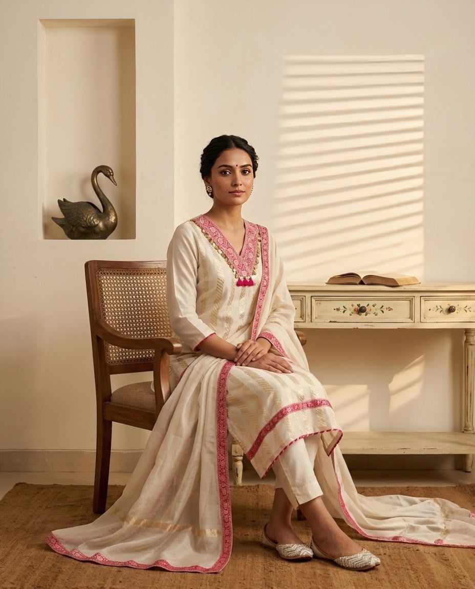 Elegant Ivory Kora Organza Unstitched Suit with Zari Work, Gota Patti & Tassels