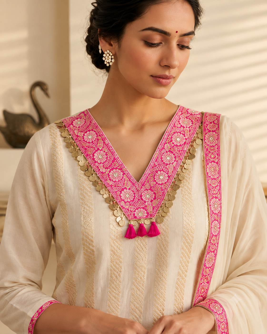 Elegant Ivory Kora Organza Unstitched Suit with Zari Work, Gota Patti & Tassels