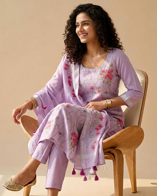 Cotton Linen Unstitched Suit with Floral Vine Embroidery