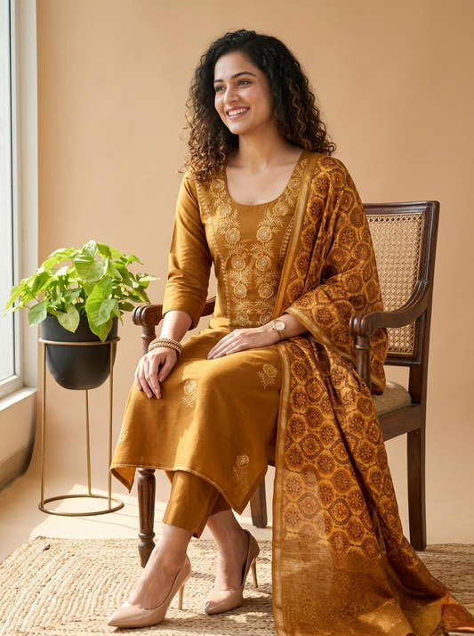 Handwoven Maheshwari Silk Embroidered Unstitched Suit