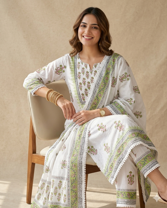 Pure Mulmul Cotton Unstitched Suit Set with Elegant Floral Hand-Block Prints
