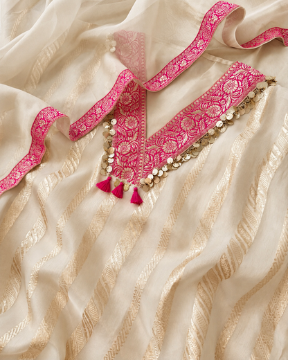 Elegant Ivory Kora Organza Unstitched Suit with Zari Work, Gota Patti & Tassels