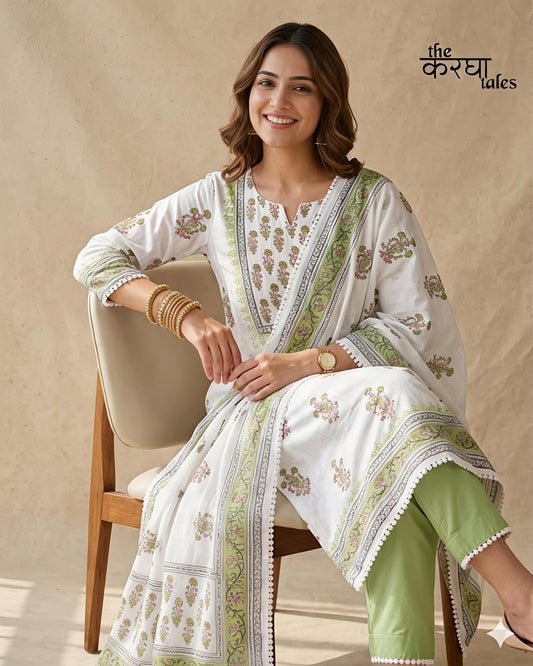 Pure Mulmul Cotton Unstitched Suit Set with Elegant Floral Hand-Block Prints