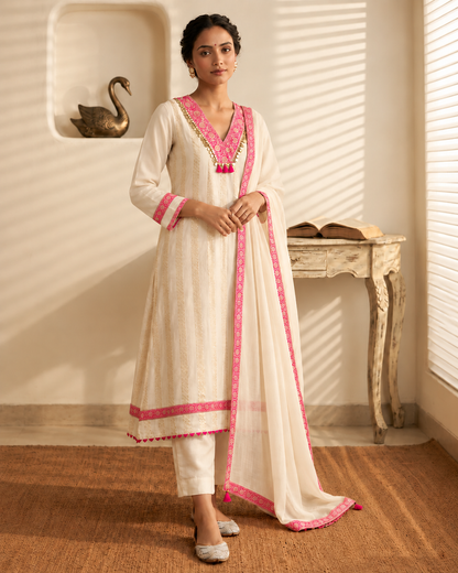 Elegant Ivory Kora Organza Unstitched Suit with Zari Work, Gota Patti & Tassels