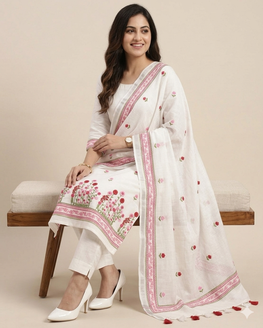 Pure Linen Unstitched Suit with French Knot Floral Embroidery
