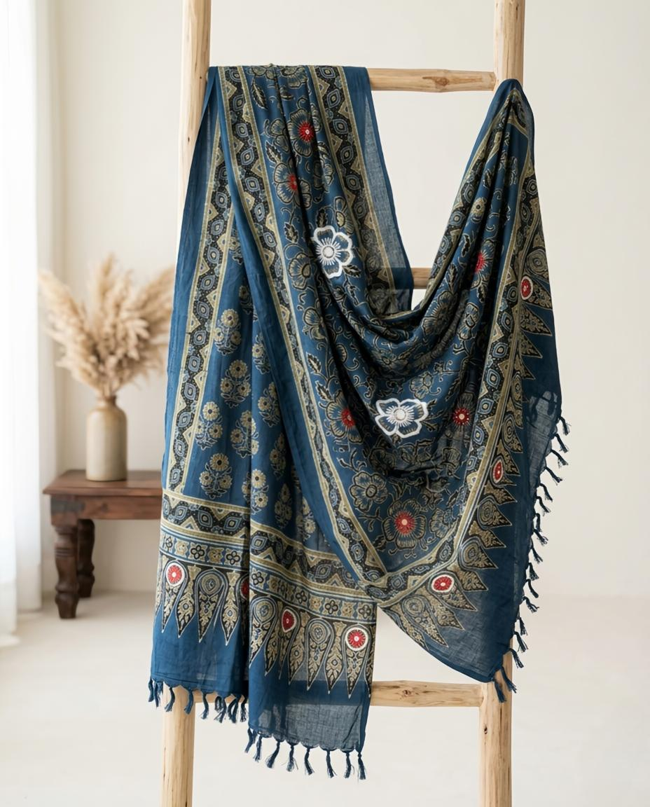 Ajrakh Hand Dyed Block Printed Embroidered Dupatta