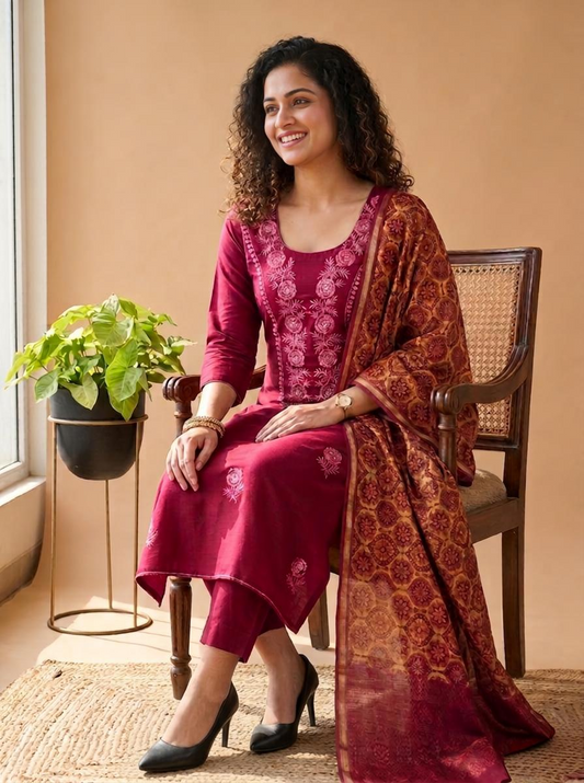 Handwoven Maheshwari Silk Embroidered Unstitched Suit