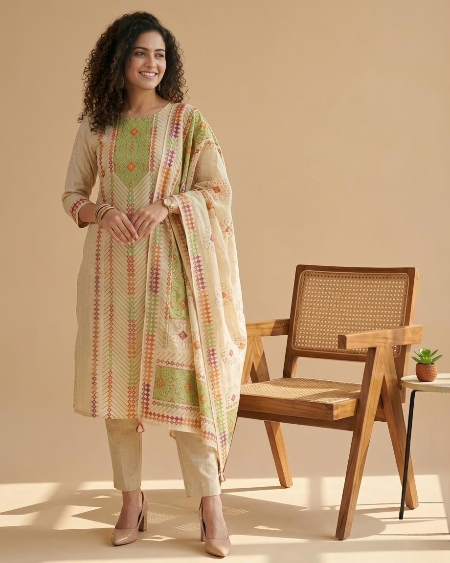 Premium Hand Kantha Embroidered Unstitched Linen Suit Set