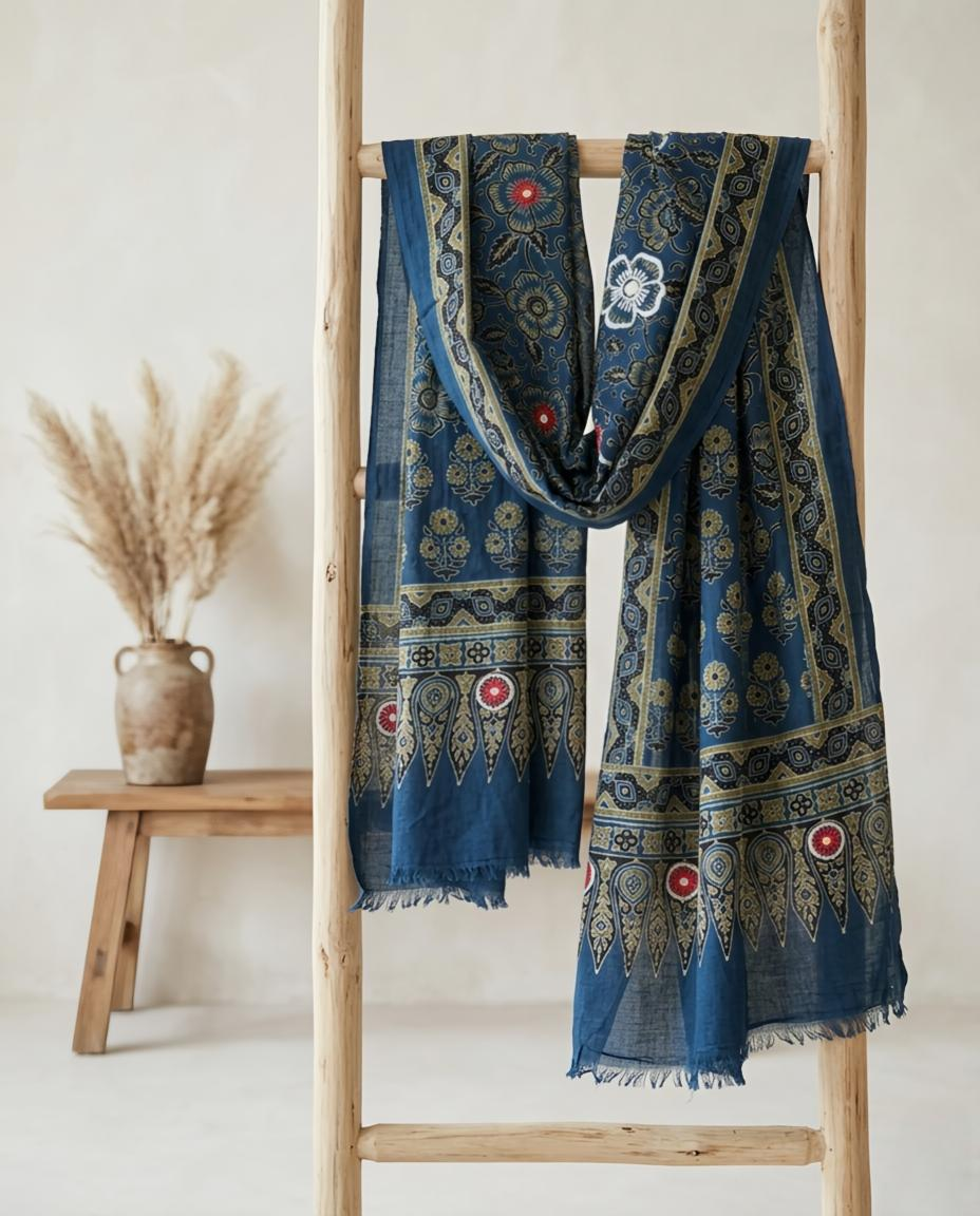 Ajrakh Hand Dyed Block Printed Embroidered Dupatta