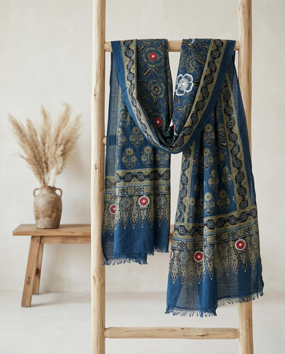Ajrakh Hand Dyed Block Printed Embroidered Dupatta