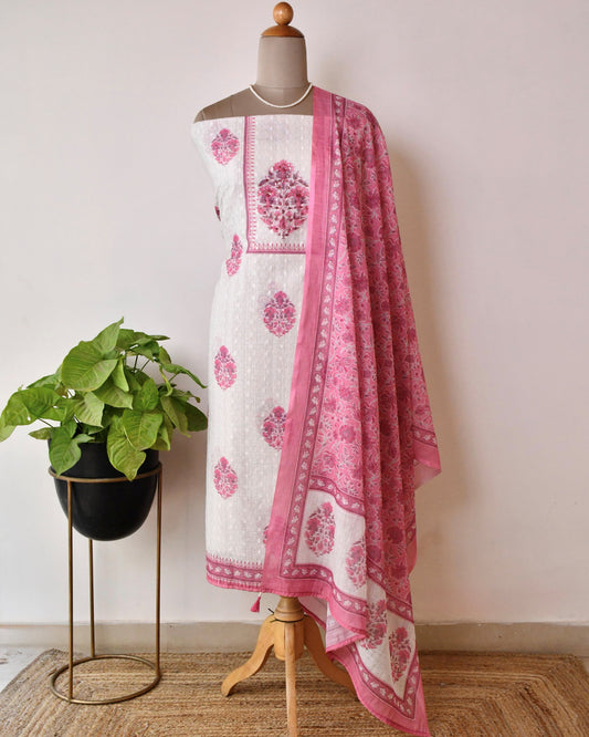 Premium Unstitched Schiffli Embroidered Cotton Suit Set with Sequin Highlights