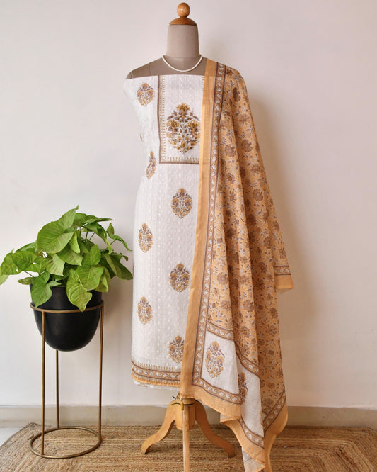 Premium Unstitched Schiffli Embroidered Cotton Suit Set with Sequin Highlights