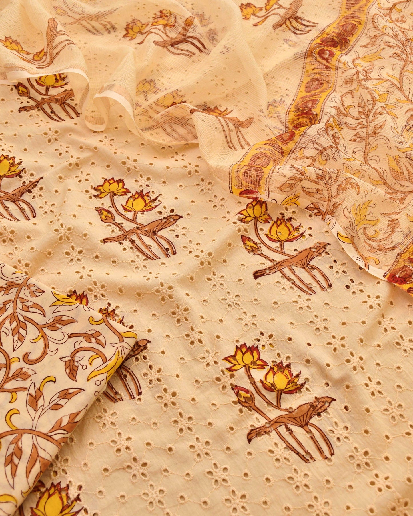 Premium Schiffli Embroidery Cotton Unstitched Suit Set – Hand-Block Floral Collection