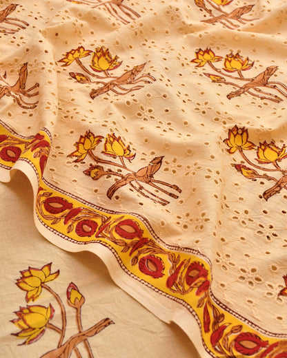 Premium Schiffli Embroidery Cotton Unstitched Suit Set – Hand-Block Floral Collection